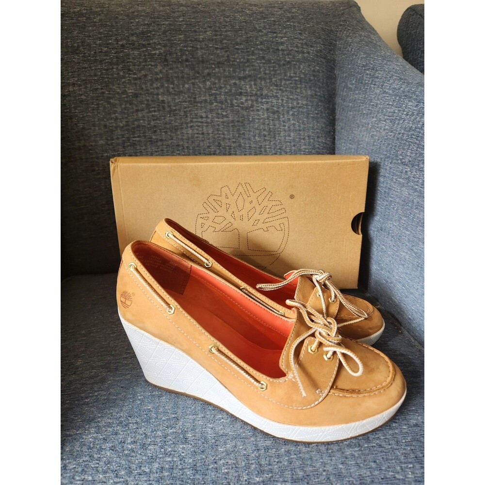 Timberland Women's "Skipher" Mule Wedge Heels Tan & White Size 7.5